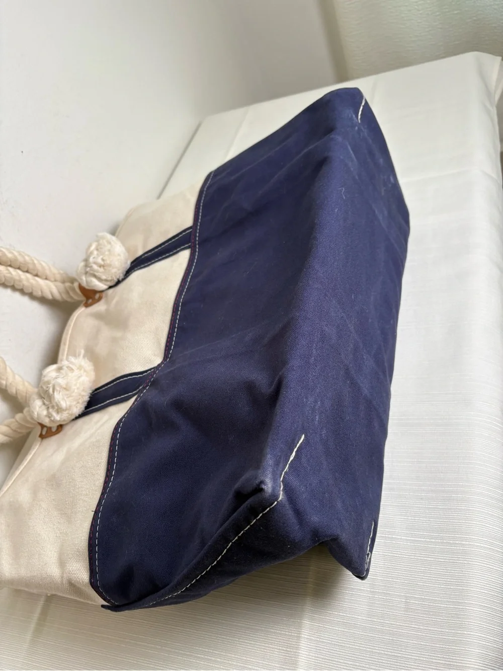 L.L. BEAN Signature Boat & Tote Canvas Bag w Rope & Leather Handles Nautical